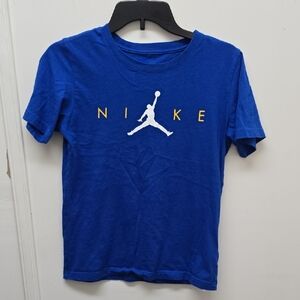 Nike Royal Blue Tee with White Jumpman and Yellow Text - Size L